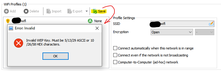 Error: Invalid Invalid WEP Key. Must be 5/13/29 ASCII or 10/26/58 HEX characters.